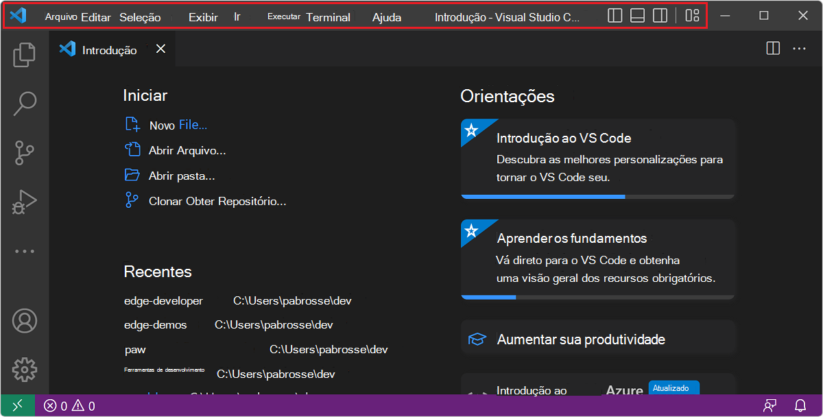 Visual Studio Code exibe conteúdo na área da barra de título