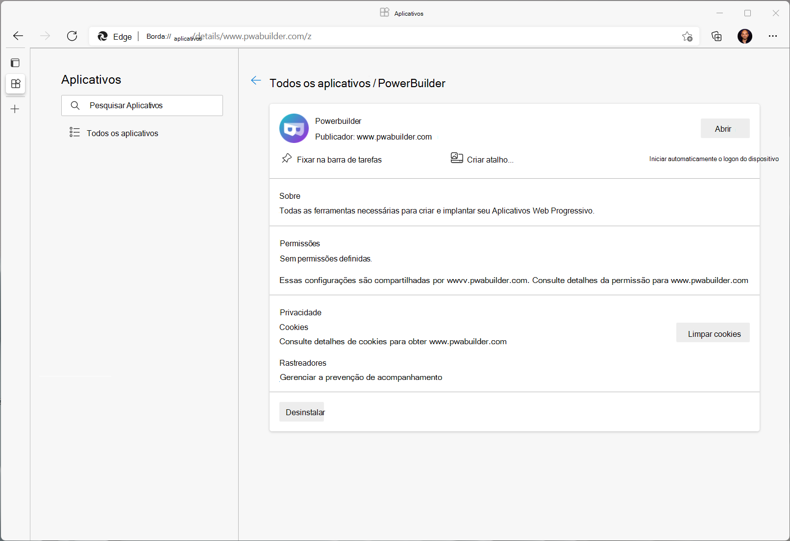 A página de detalhes do aplicativo no Microsoft Edge