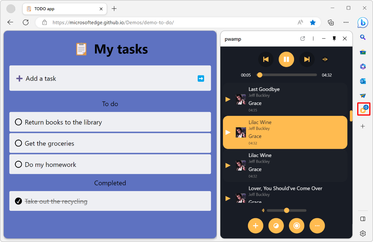 Microsoft Edge com uma guia aberta em um aplicativo de lista TODO e PWAmp na barra lateral
