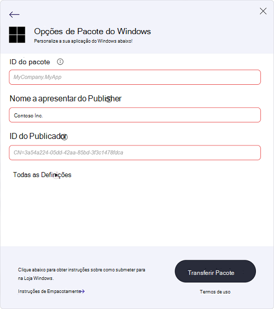 Colar informações do publicador na página Opções do Pacote do Windows