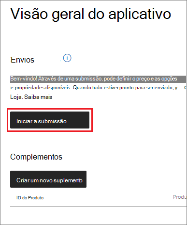 Iniciar uma nova submissão de aplicação no Centro de Parceiros da Microsoft