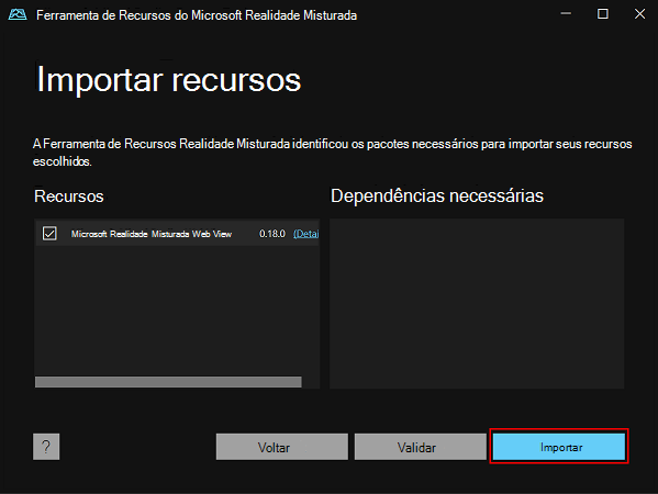 O painel Importar Recursos na Ferramenta de Recursos Realidade Misturada