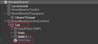 Hierarquia de cena atualizada com novos componentes no Unity