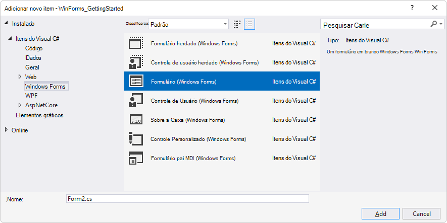 A janela 'Adicionar Novo Item', expandida para 'Visual C# Items' > 'Windows Forms', selecionando 'Formulário (Windows Forms)'