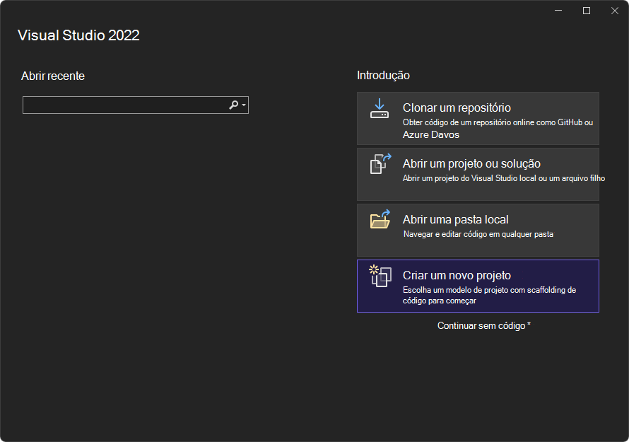 A tela de inicialização do Visual Studio: clique no cartão 'Criar um novo projeto'