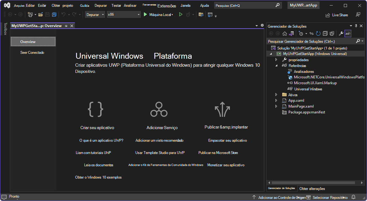 Visual Studio, que contém o projeto WinUI 2 (UWP) recém-criado