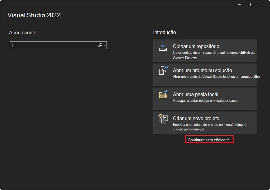 Janela de opção de abertura do Visual Studio 2022