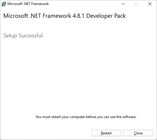 Configuração bem-sucedida para instalar .NET Framework