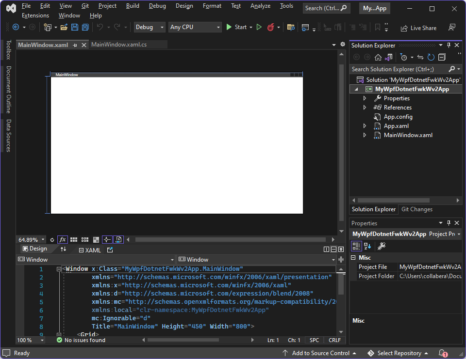 Projeto inicial no Visual Studio 2022 usando o modelo WPF App (.NET Framework)