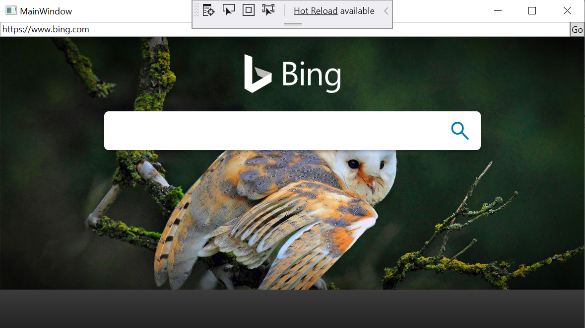 O aplicativo exibe o site do Bing