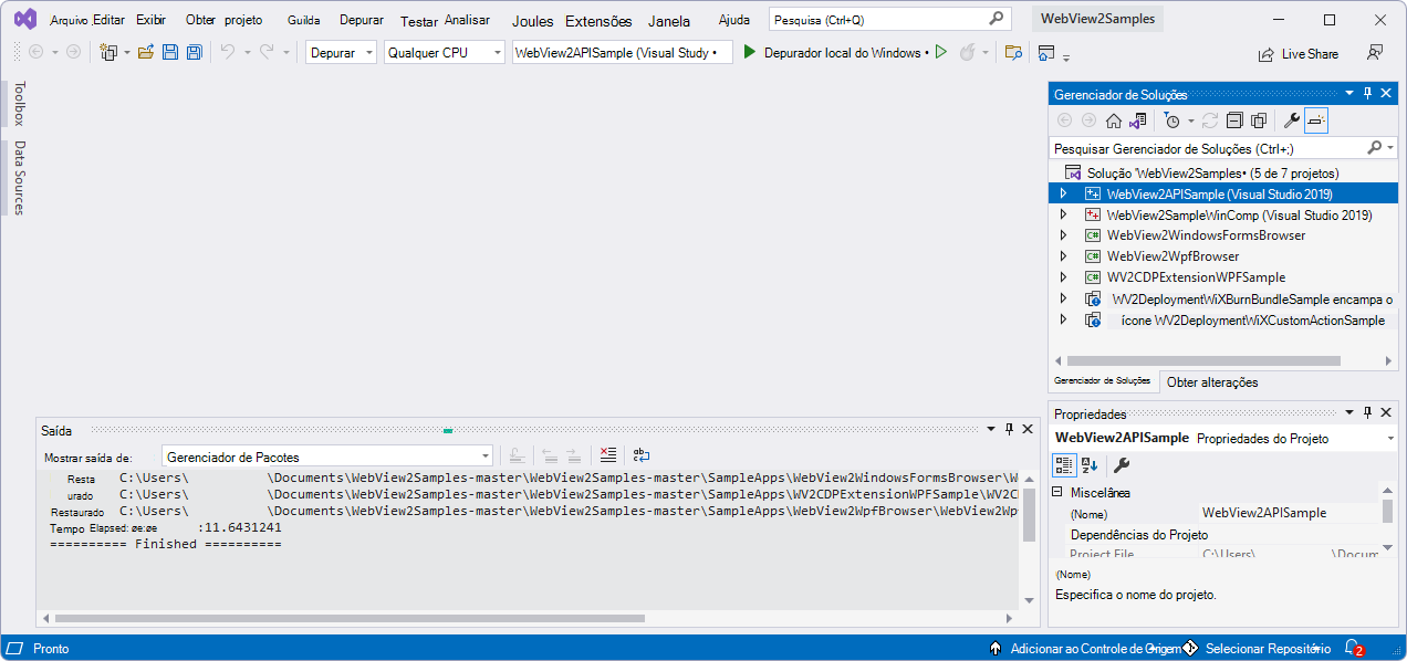 Visual Studio 2022 após executar o instalador de carga de trabalho ao abrir o exemplo multiplataforma e abrangente de API