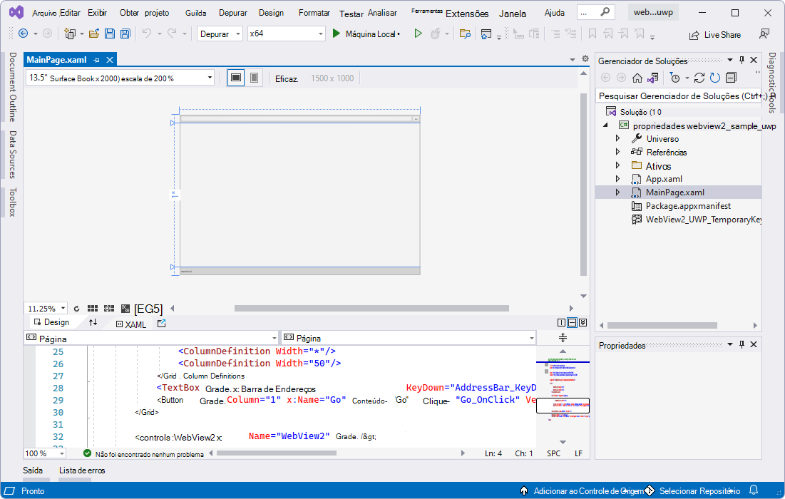O exemplo de webview2_sample_uwp aberto no Visual Studio em Gerenciador de Soluções