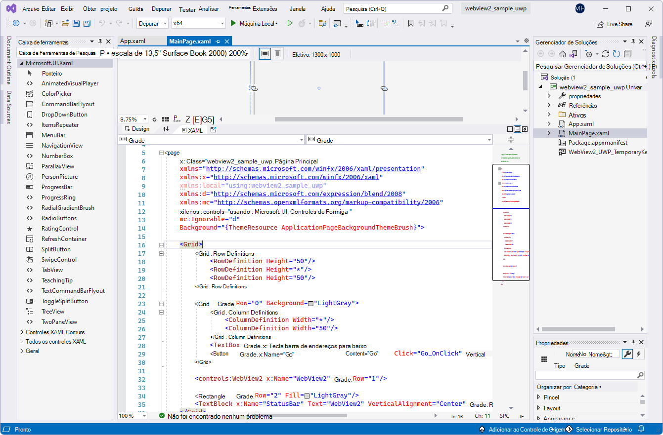 MainPage.xaml no Visual Studio