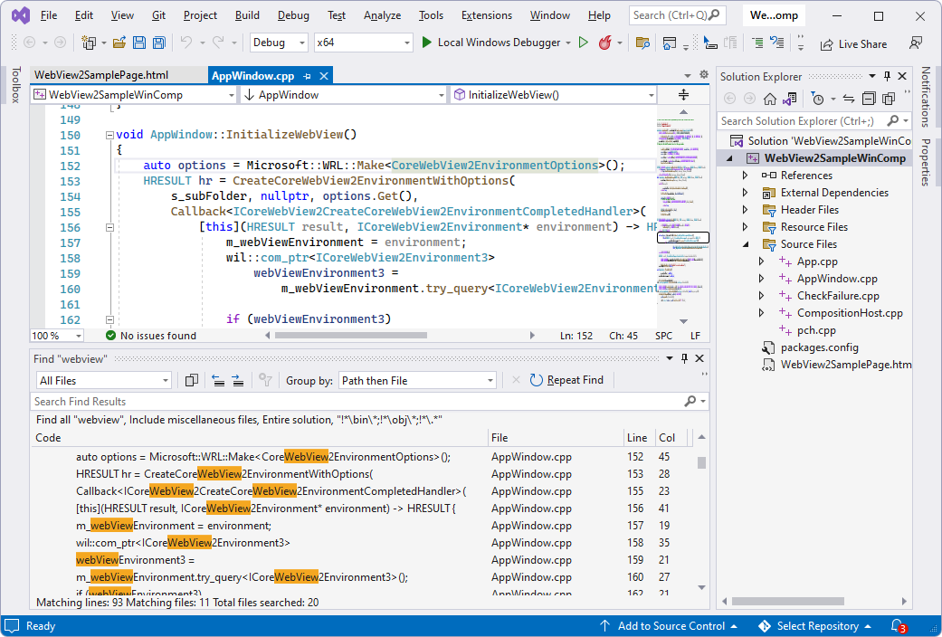 Projeto WebView2SampleWinComp no Visual Studio