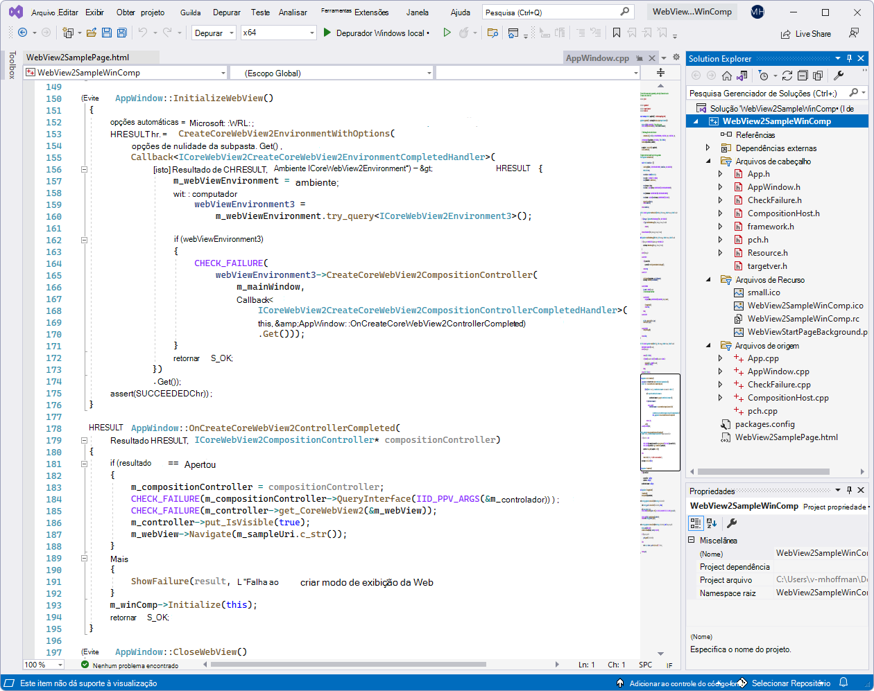 O projeto WebView2SampleWinComp no Visual Studio