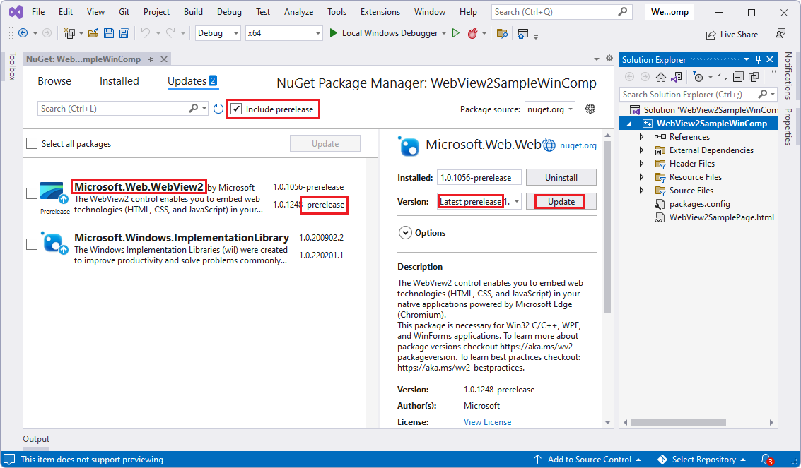 A guia Atualizações do Gerenciador de Pacotes NuGet depois de abrir inicialmente a solução WebView2SampleWinComp