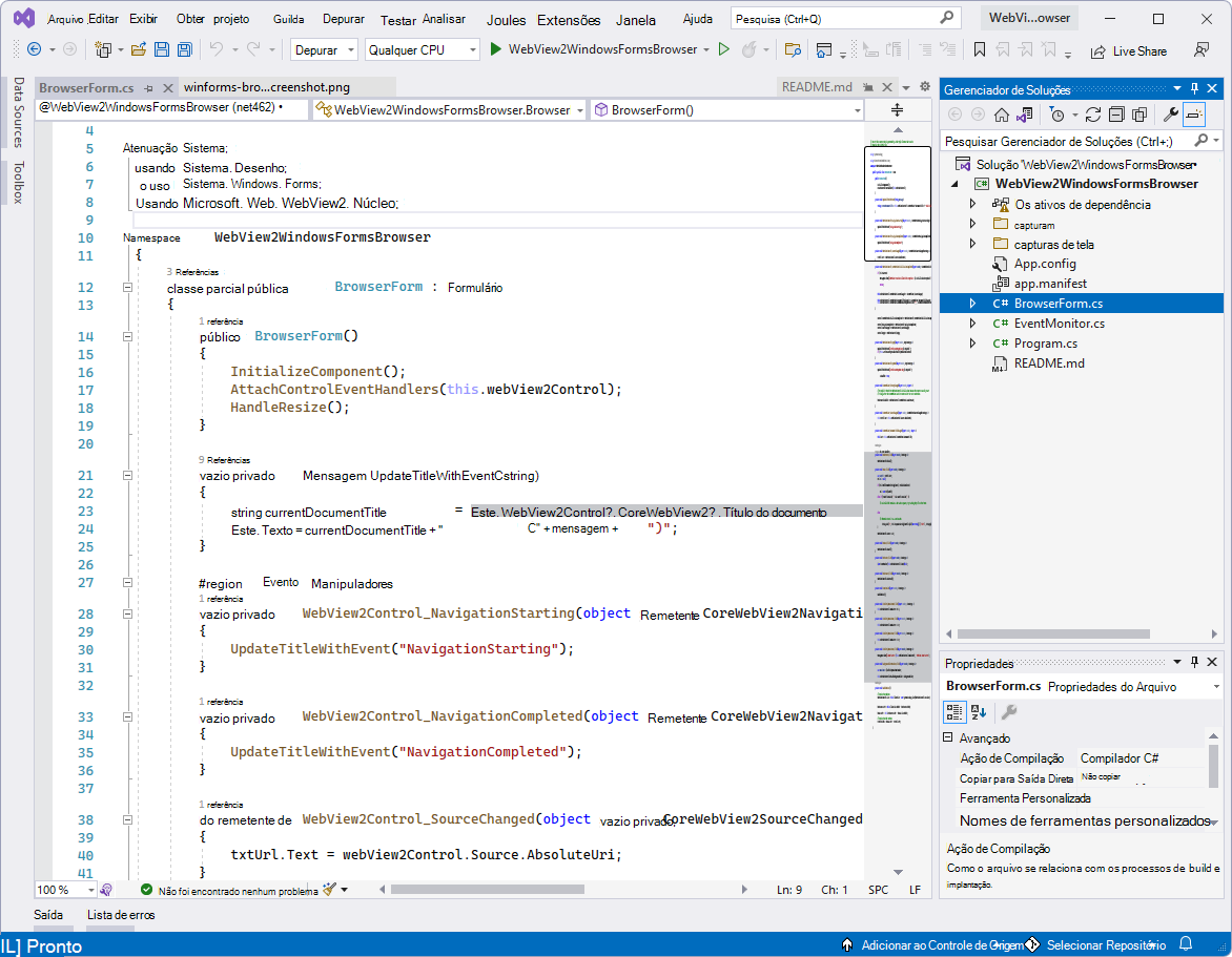 O projeto WebView2WindowsFormsBrowser no Visual Studio