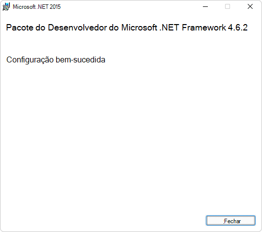 A caixa de diálogo 'Configuração bem-sucedida' do Pacote de Desenvolvedores do Microsoft .NET Framework