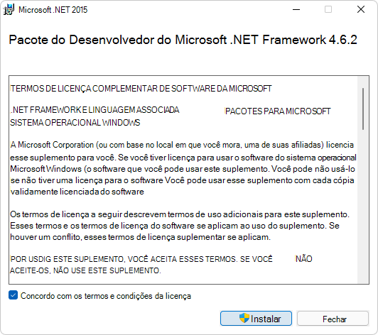 A caixa de diálogo contrato de licença do Microsoft .NET Framework Developer Pack