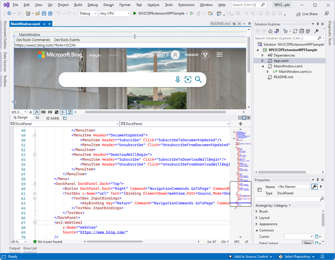 Código do projeto WV2CDPExtensionWPFSample no Visual Studio