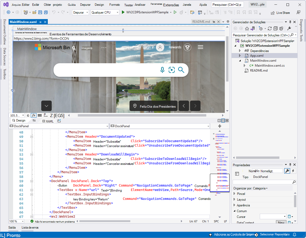 O exemplo WV2CDPExtensionWPFSample foi aberto no Visual Studio em Gerenciador de Soluções