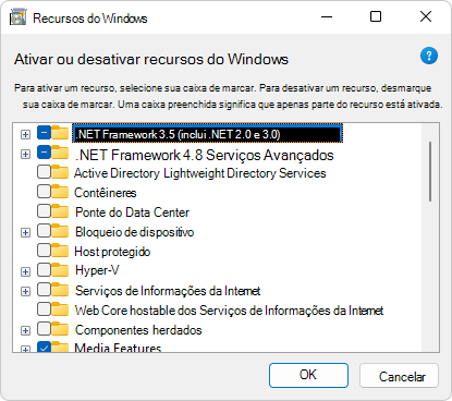 Ativar ou desativar > as funcionalidades do Windows .NET Framework 3.5