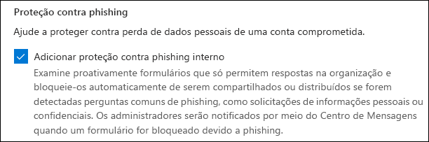 Configuração de administrador do Microsoft Forms para proteção contra phishing