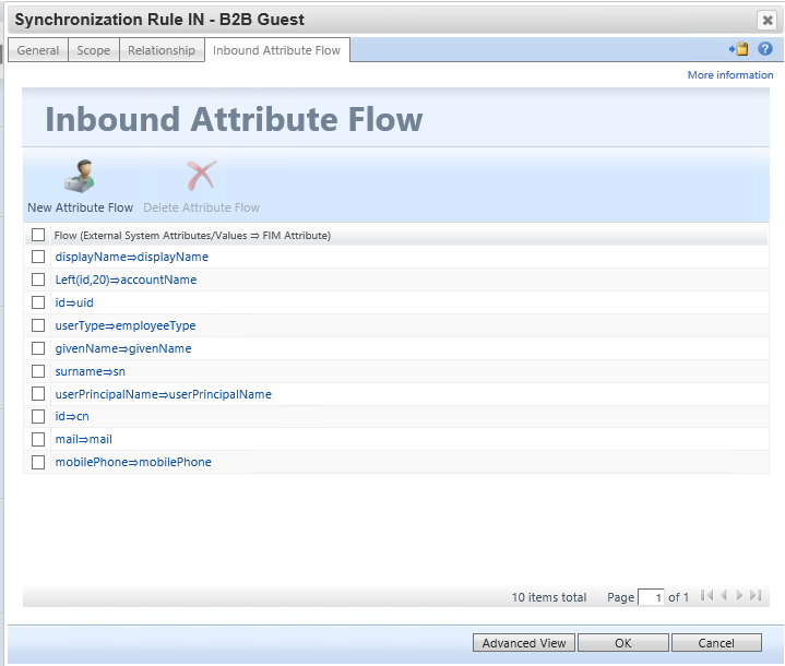 Captura de tela mostrando a guia Fluxo de Atributo de Entrada na tela Regra de Sincronização IN.