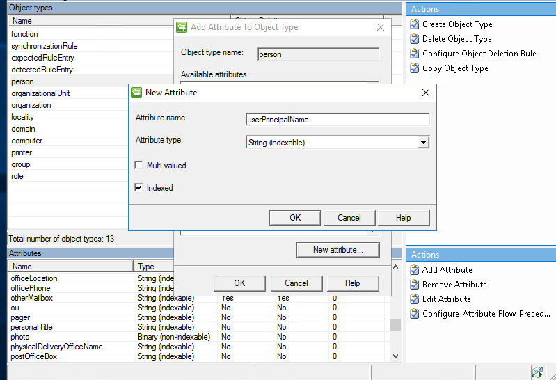 Captura de tela mostrando caixas de diálogo para inserir valores para Nome do atributo, Tipo de atributo e Indexado.