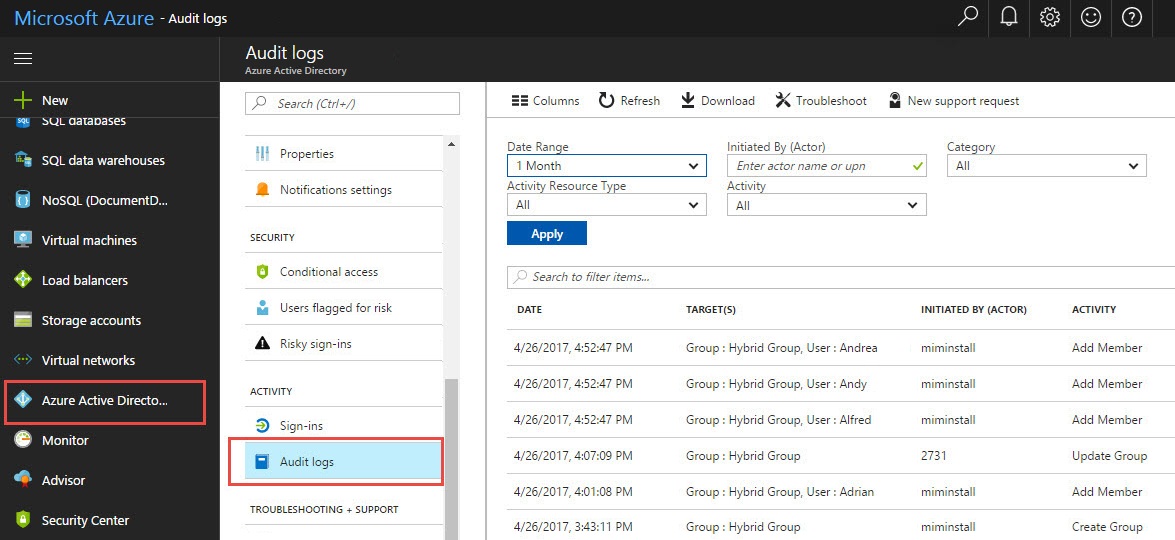 Relatórios híbridos do Azure – imagem da atividade de redefinição de senha