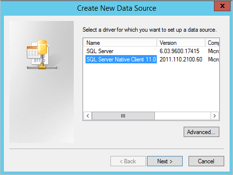 Captura de tela mostrando as opções de driver para a nova fonte de dados.