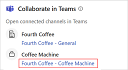 Captura de tela do cartão Colaborar no Teams no Copilot for Sales para Outlook, com o canal da sala de acordo realçado.