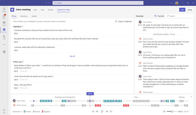 Captura de tela mostrando a guia Recapitulação em resumo da reunião do Copilot for Sales.