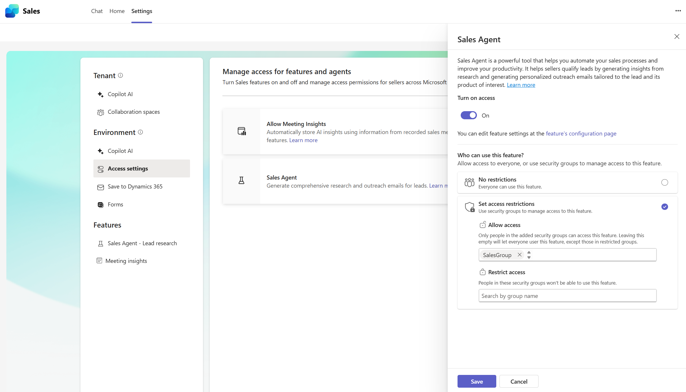 Captura de tela mostrando as configurações de acesso do Lead Research and Outreach.