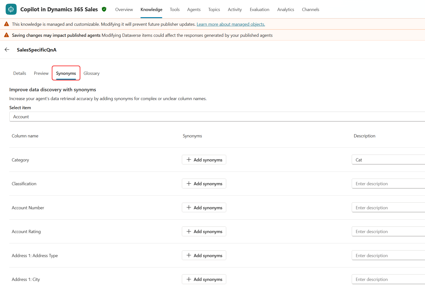 Screenshot da opção de configuração de sinônimos no Microsoft Copilot Studio.