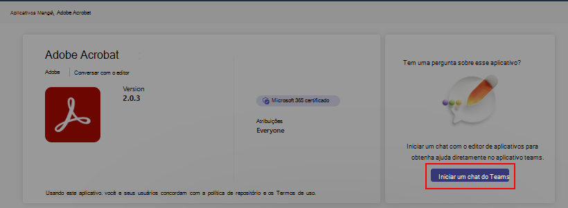 ecrã a mostrar a opção na página de detalhes da aplicação que lhe permite conversar com o programador da aplicação.
