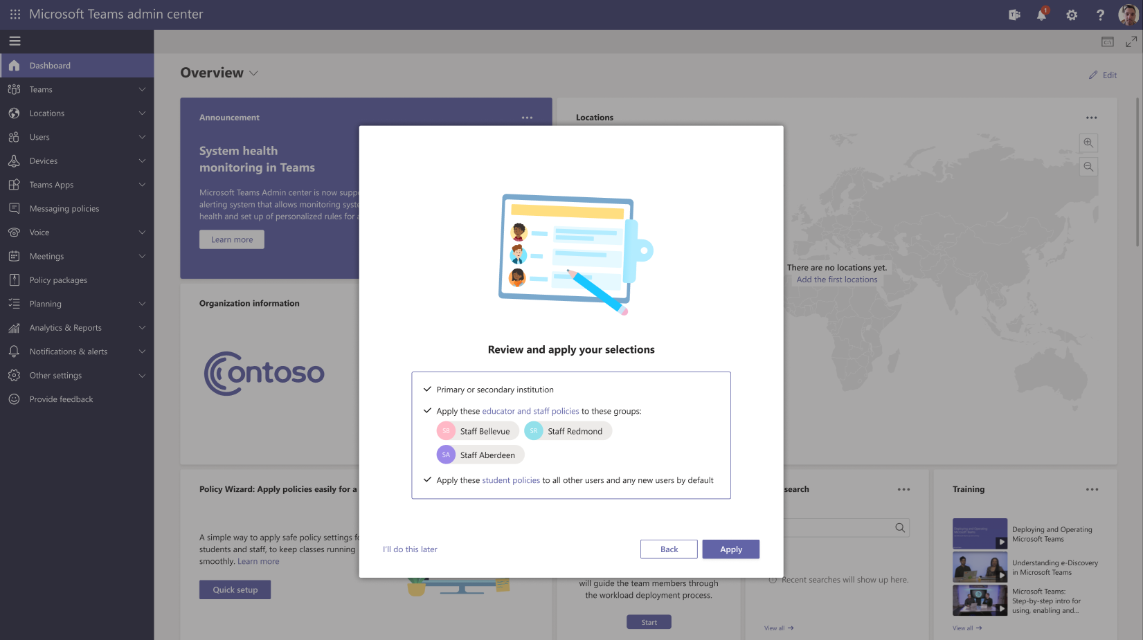 Captura de ecrã a mostrar a página no assistente para rever as seleções.