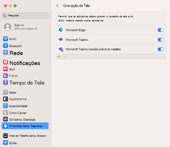Página de gravação do ecrã do Teams Mac.