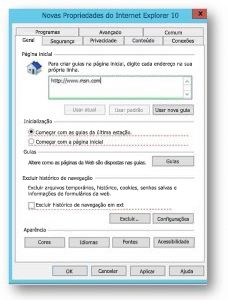 Caixa de diálogo Propriedades da Internet Explorer 10.