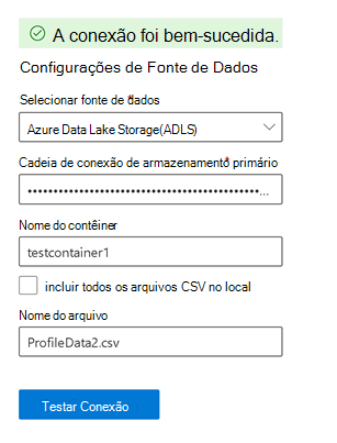 Conector CSV com Configurações de Fonte de Dados para uma fonte de Azure Data Lake Storage.