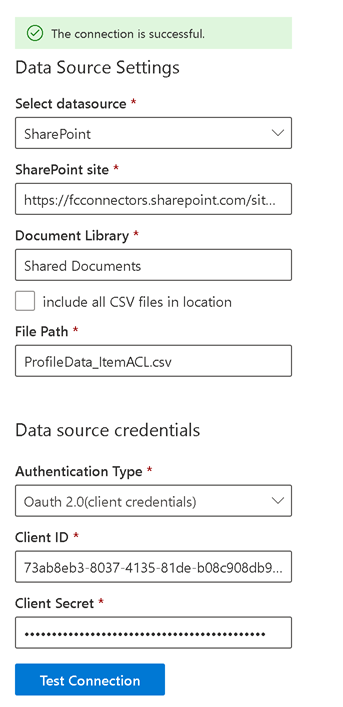 Conector CSV com Configurações de Fonte de Dados para um site do SharePoint.