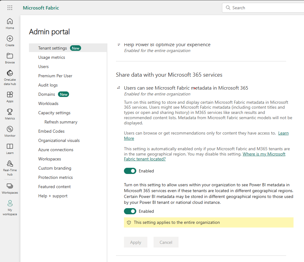PowerBI Administração - Definições de pesquisa