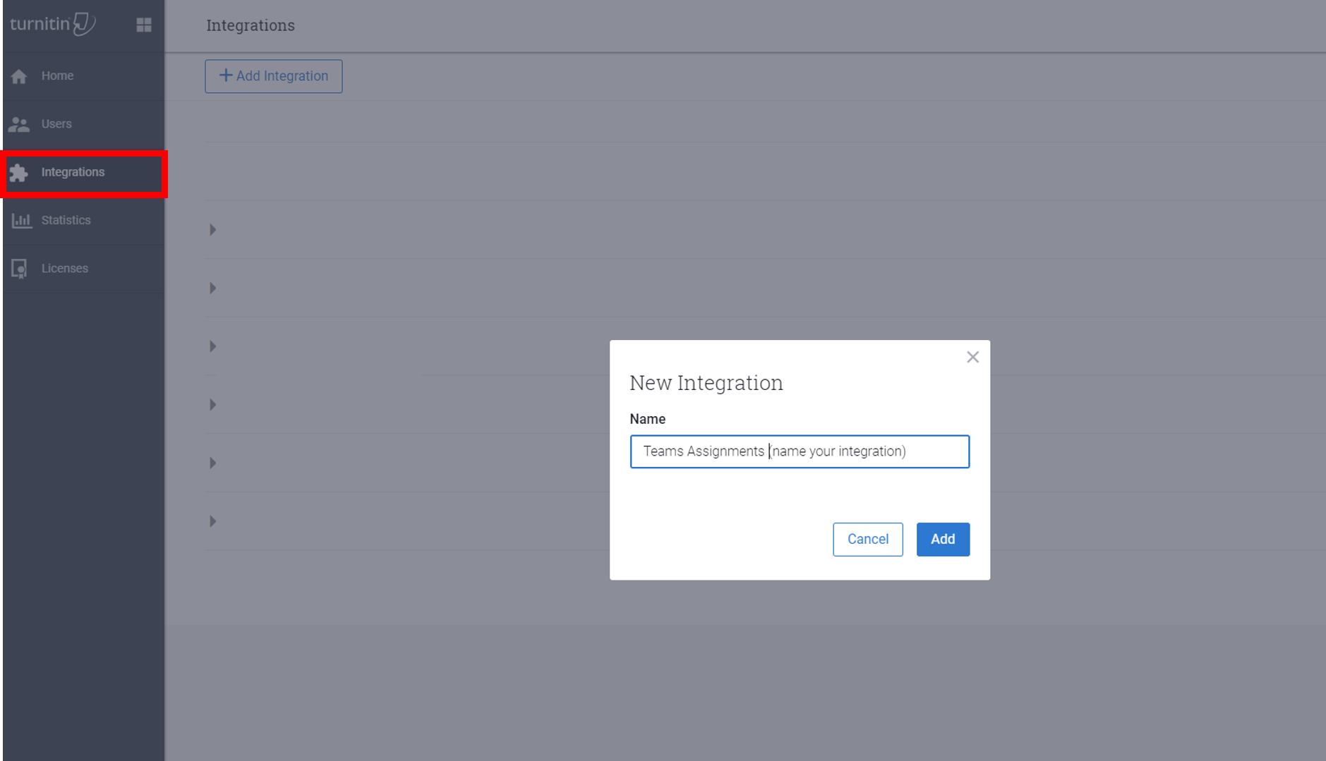 Captura de tela mostrando a adição de uma nova integração.