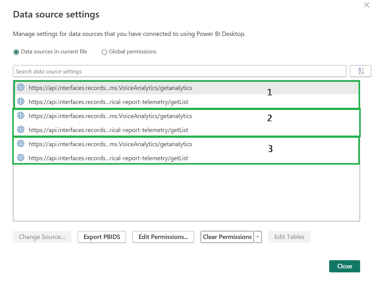 Captura de ecrã a mostrar origens de dados para v3.2.x.