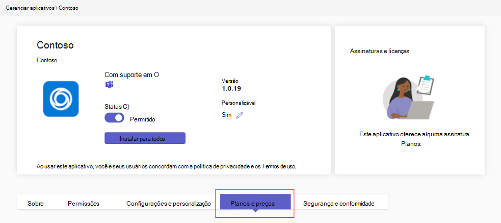 Captura de tela mostrando planos pagos de um aplicativo no centro de administração do Teams.