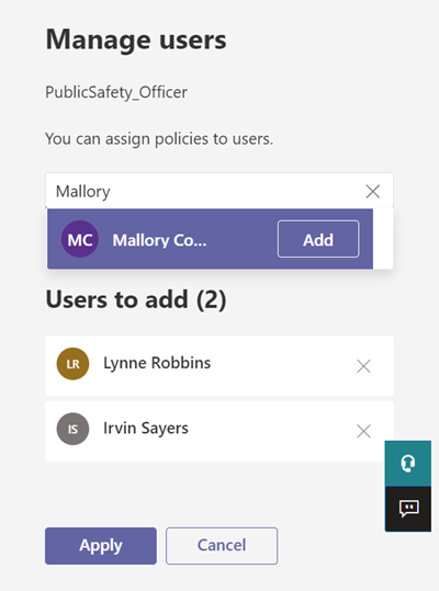 Captura de tela que mostra como atribuir uma política a um usuário no centro de administração do Teams por meio do segundo método.