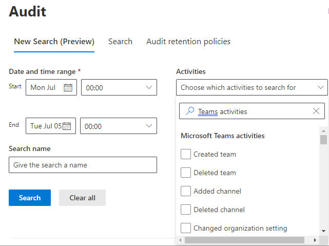 Captura de tela que mostra como pesquisar atividades do Teams no Microsoft Purview para auditar eventos do Teams.