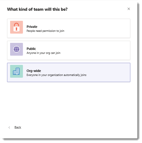 Captura de tela da opção em toda a organização para criar uma equipe em toda a organização.