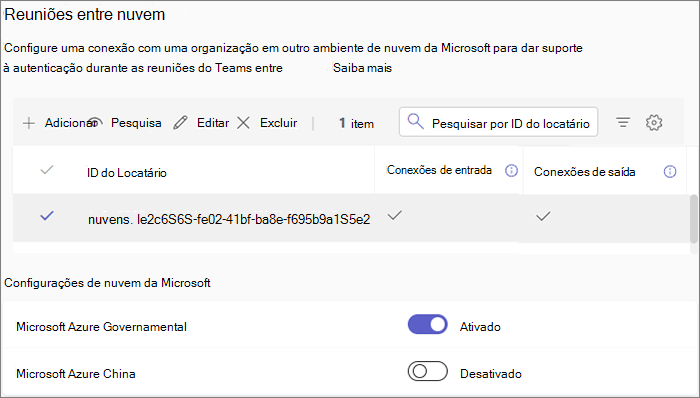 Captura de tela das configurações de reuniões entre nuvem no centro de administração do Teams.