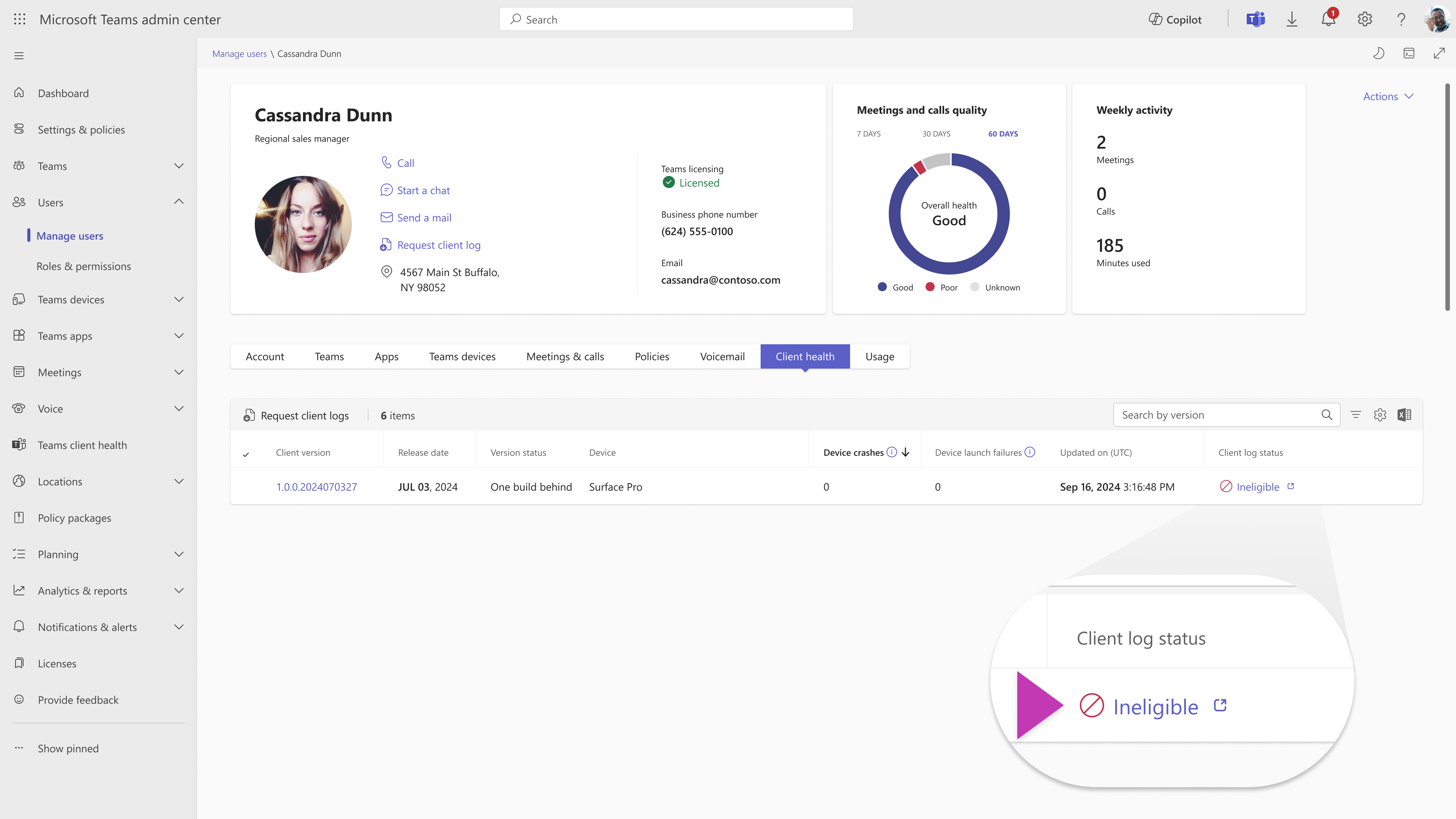 Uma captura de ecrã da página da coleção de registos a mostrar Não elegível na coluna status registo de cliente.